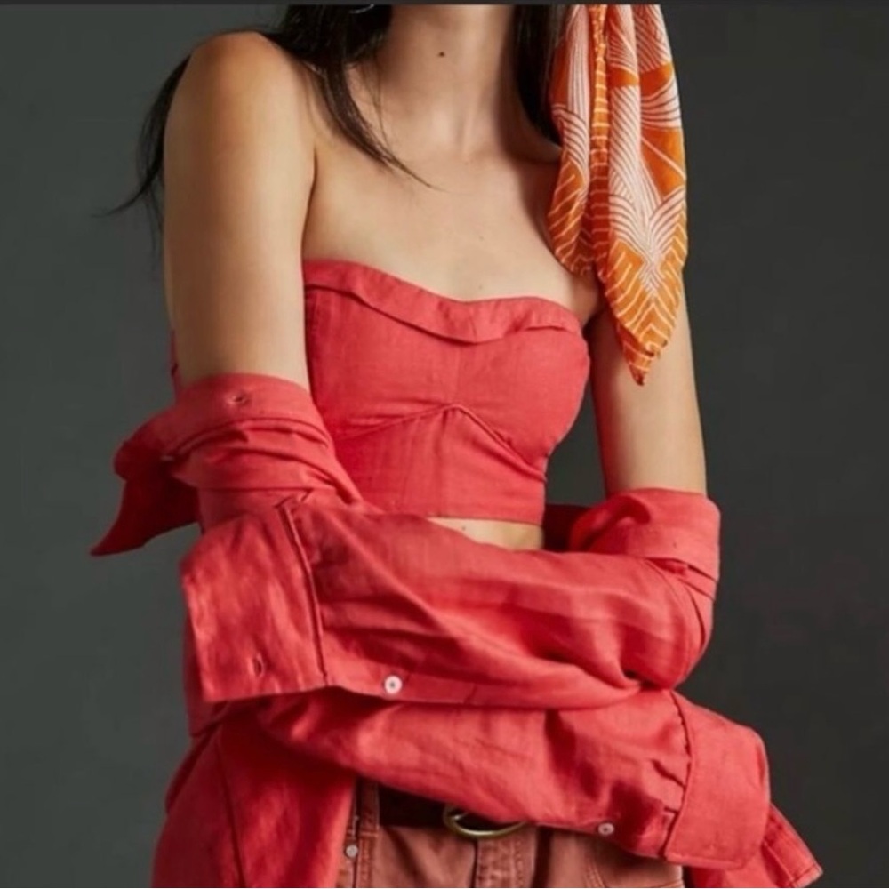 NWT Maeve by Anthropologie red linen strapless bandeau crop top